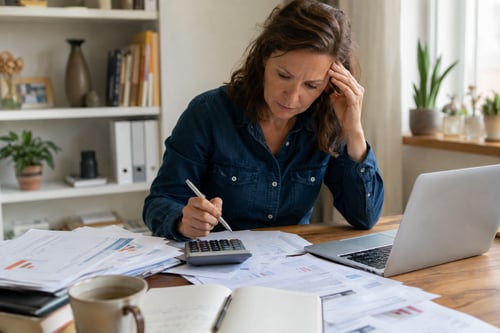 Small business owner overwhelmed by payroll paperwork and calculations