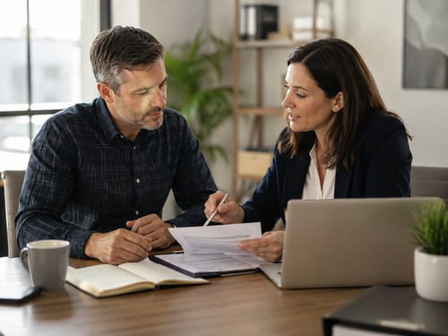 Business owner reviewing payroll paperwork with an advisor during a one-on-one office meeting.