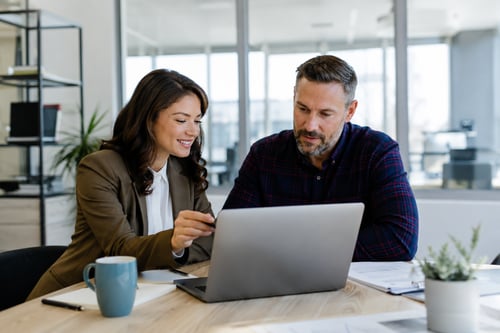 Business owner reviewing payroll information with a payroll support professional